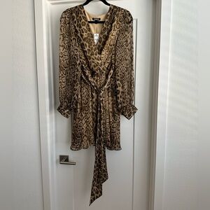 Express long sleeve animal tie front surplice fit and flare dress